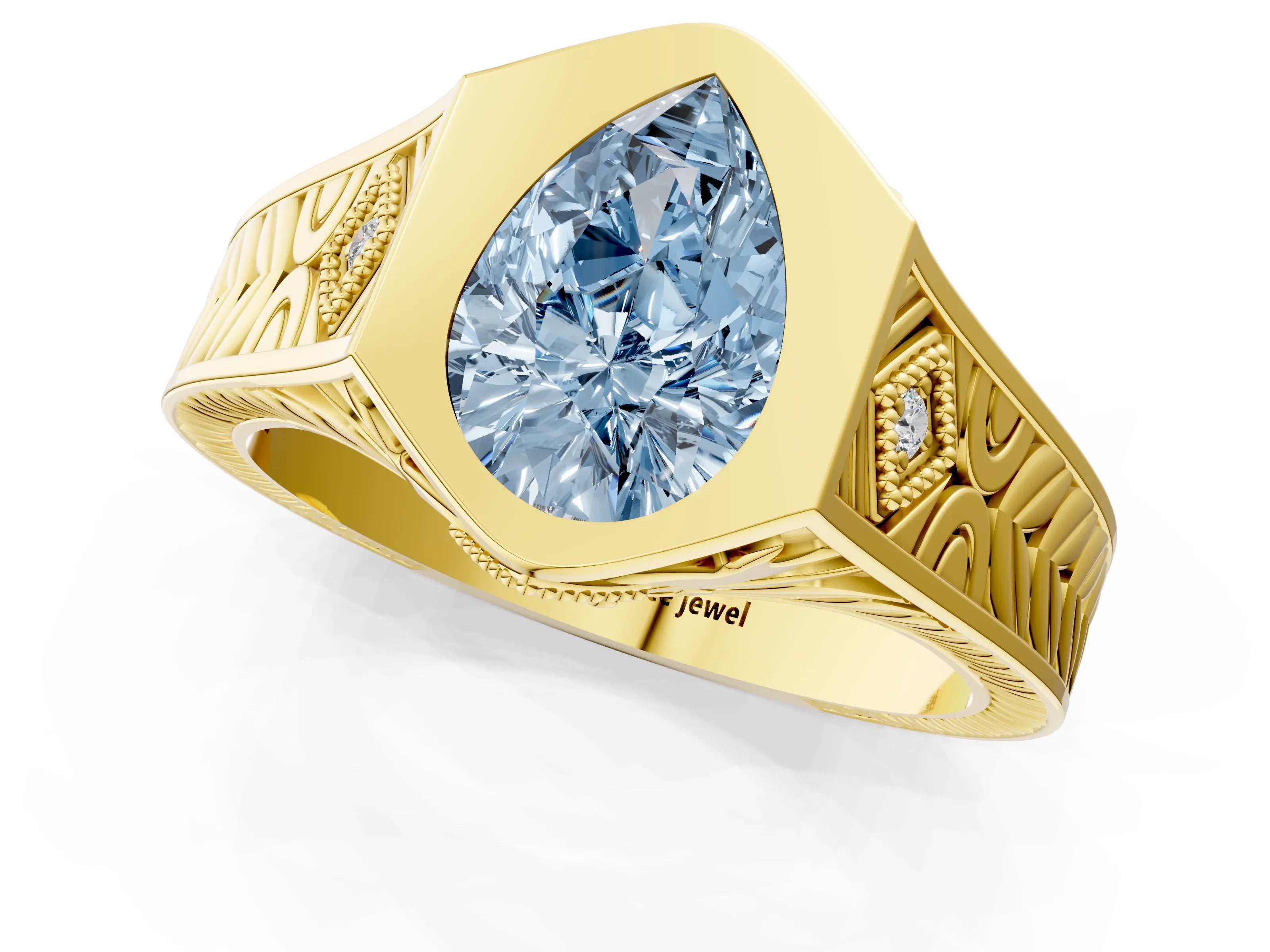 Yellow gold Hexagonal Bezel Fancy Blue Pear Cut Diamond Engraved Band Prong Ring_13