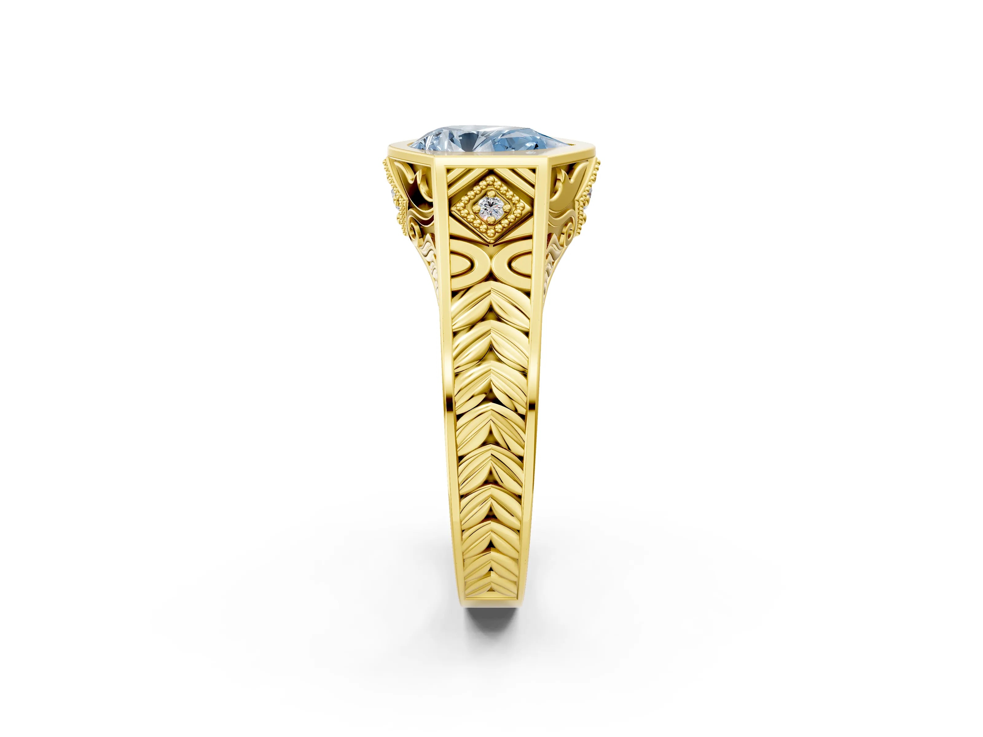 Yellow gold Hexagonal Bezel Fancy Blue Pear Cut Diamond Engraved Band Prong Ring_14
