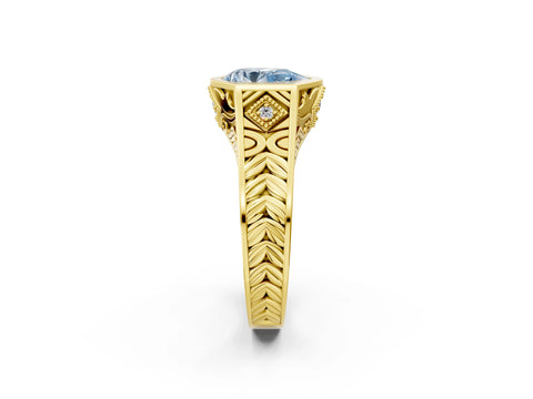 Yellow gold Hexagonal Bezel Fancy Blue Pear Cut Diamond Engraved Band Prong Ring_14