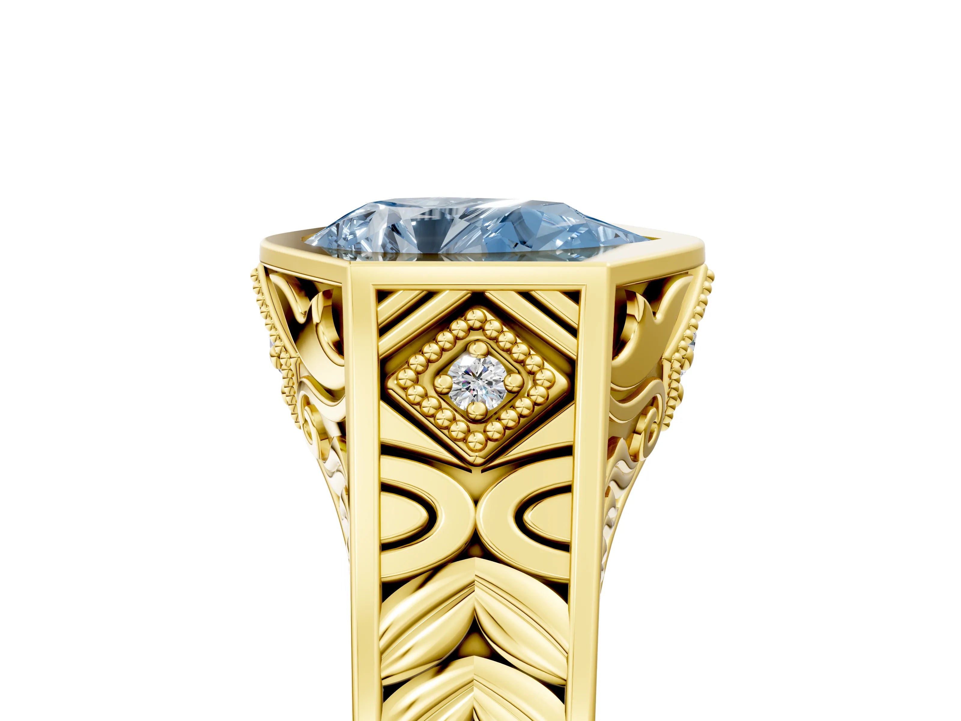 Yellow gold Hexagonal Bezel Fancy Blue Pear Cut Diamond Engraved Band Prong Ring_17