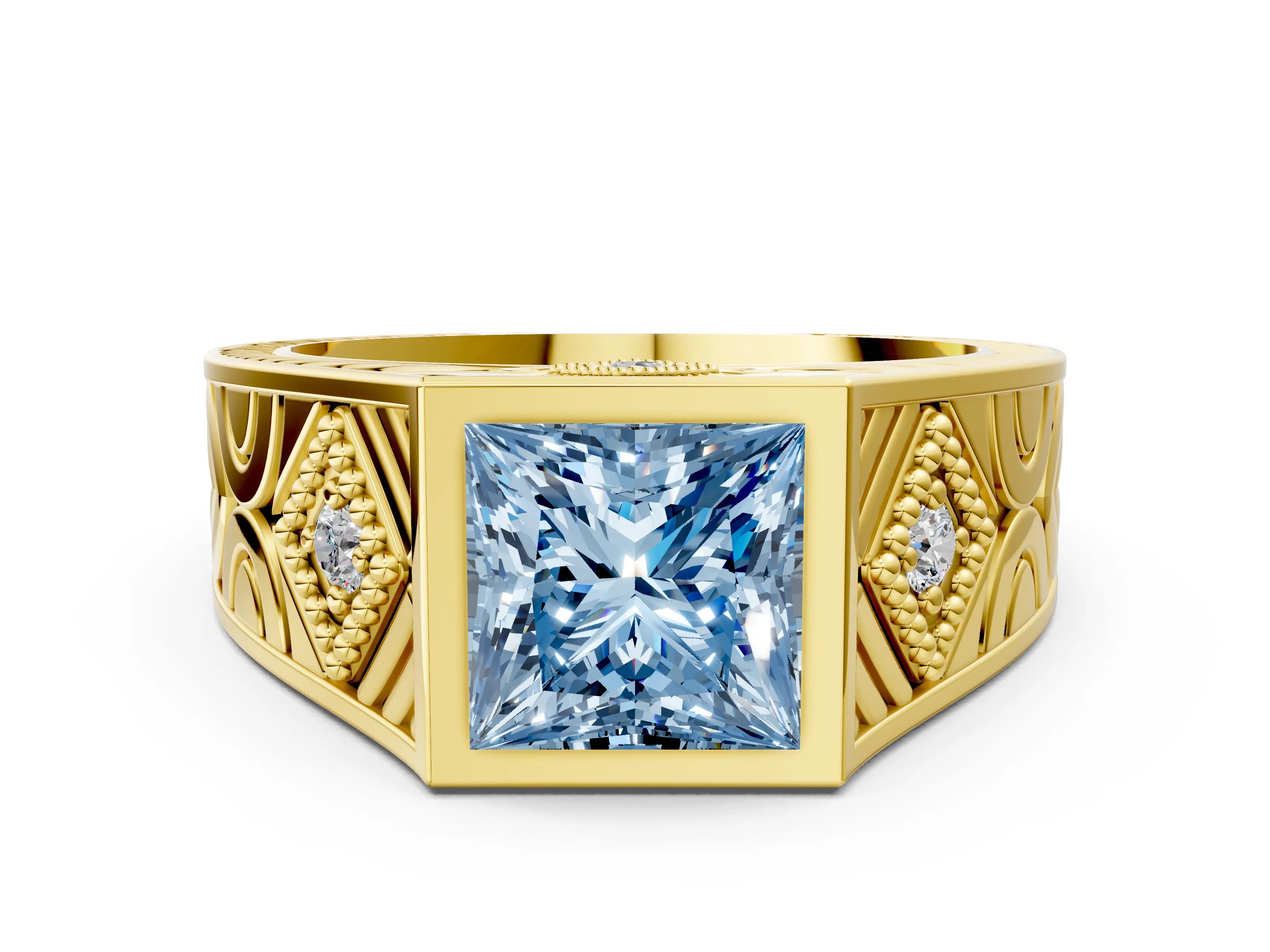 Yellow gold Hexagonal Bezel Fancy Blue Princess Cut Diamond Engraved Band Prong Ring