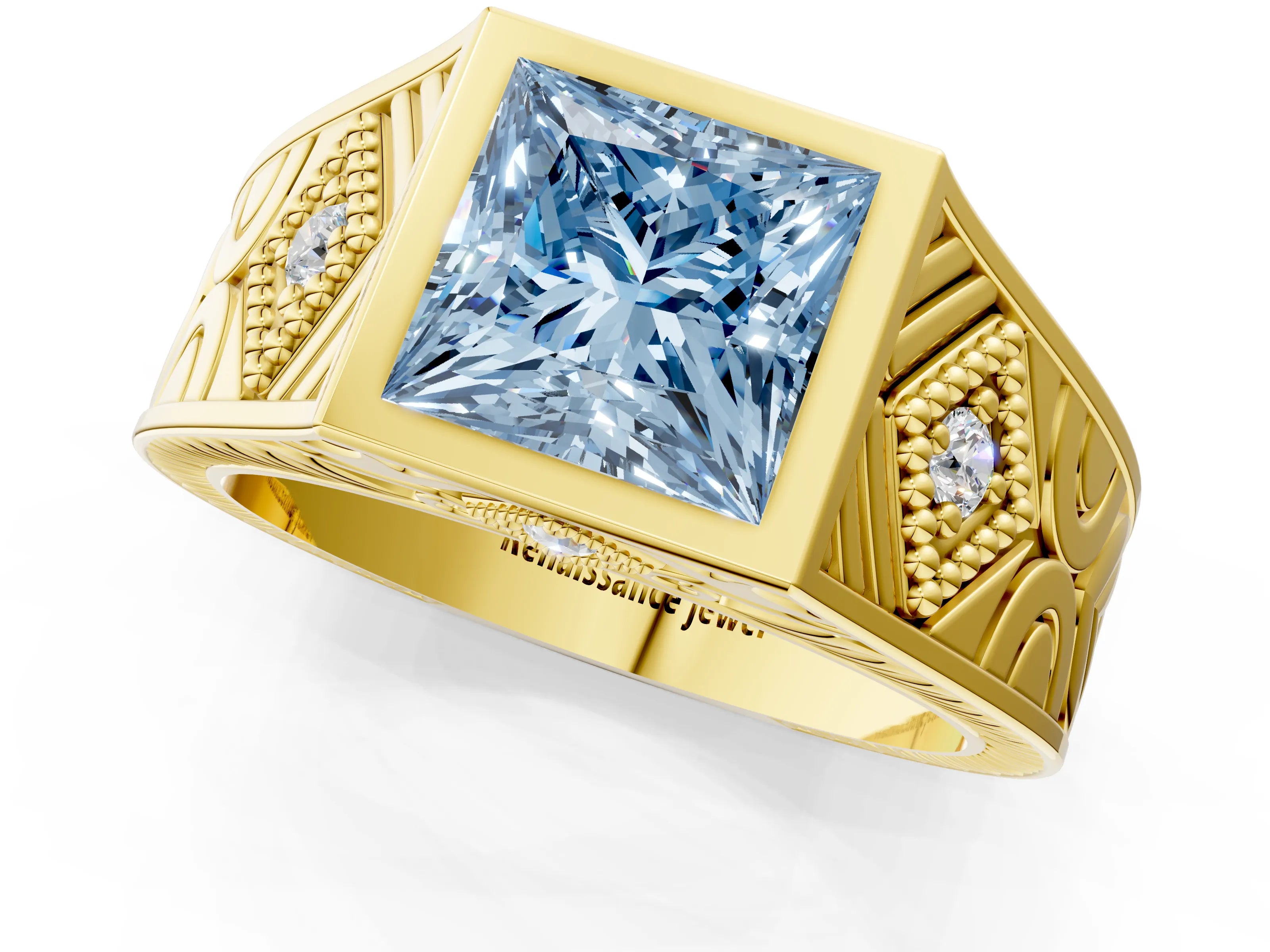 Yellow gold Hexagonal Bezel Fancy Blue Princess Cut Diamond Engraved Band Prong Ring_1
