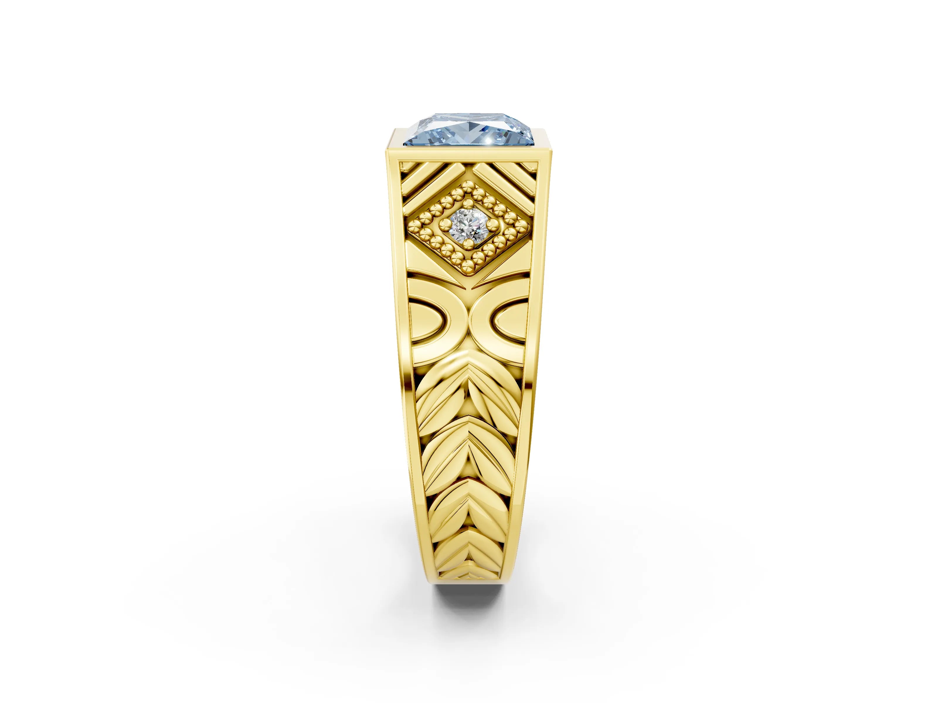 Yellow gold Hexagonal Bezel Fancy Blue Princess Cut Diamond Engraved Band Prong Ring_2