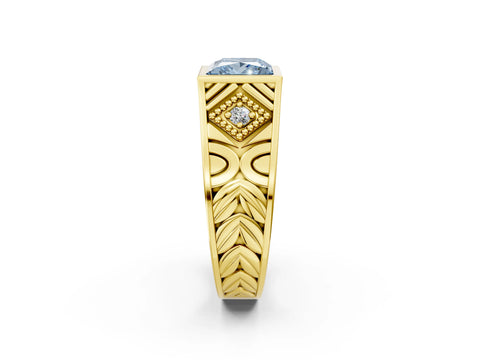 Yellow gold Hexagonal Bezel Fancy Blue Princess Cut Diamond Engraved Band Prong Ring_2