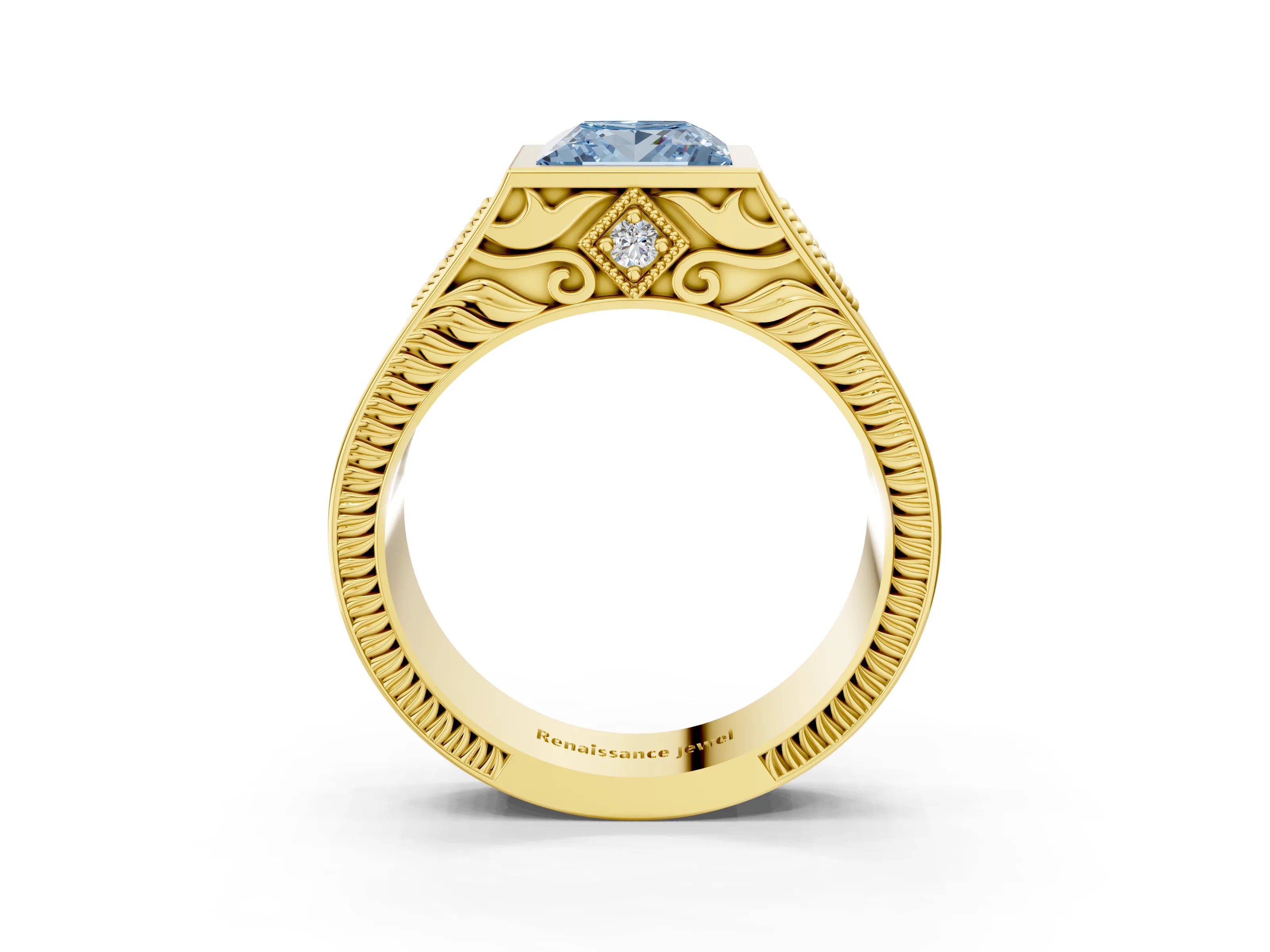 Yellow gold Hexagonal Bezel Fancy Blue Princess Cut Diamond Engraved Band Prong Ring_3