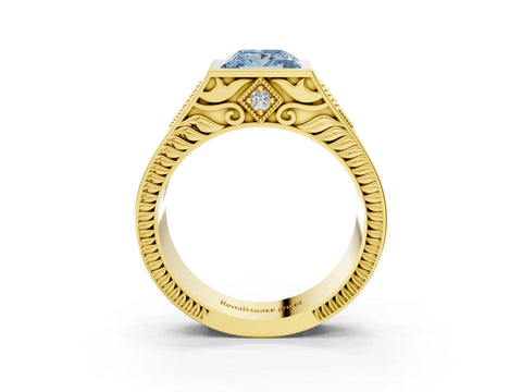 Yellow gold Hexagonal Bezel Fancy Blue Princess Cut Diamond Engraved Band Prong Ring_3
