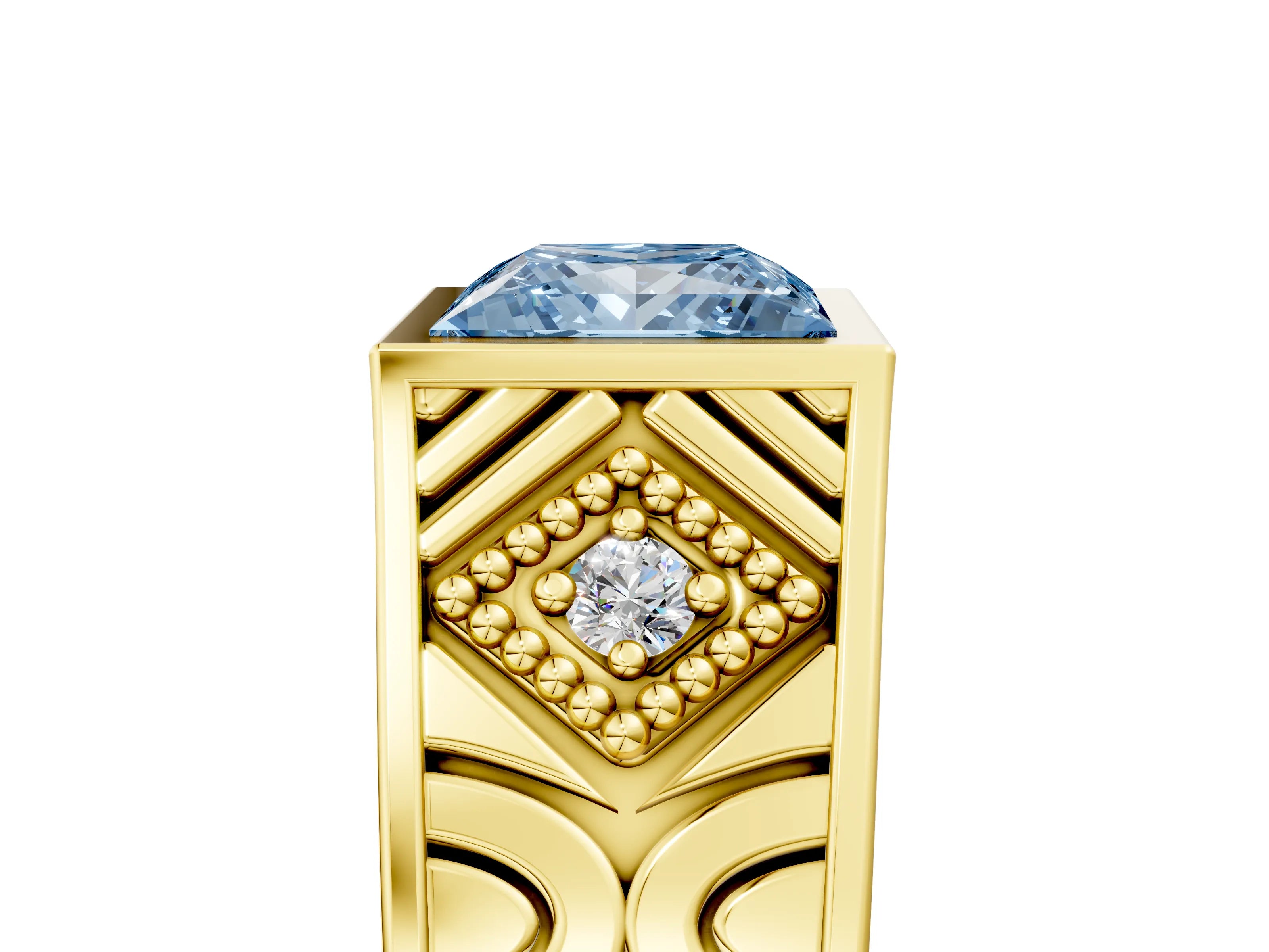 Yellow gold Hexagonal Bezel Fancy Blue Princess Cut Diamond Engraved Band Prong Ring_5