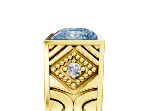 Yellow gold Hexagonal Bezel Fancy Blue Princess Cut Diamond Engraved Band Prong Ring_5