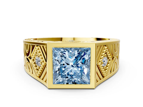 Yellow gold Hexagonal Bezel Fancy Blue Princess Cut Diamond Engraved Band Prong Ring