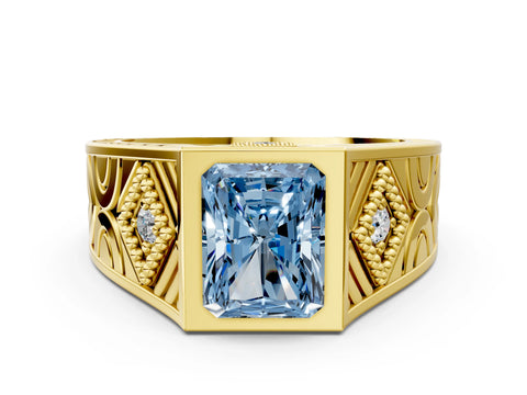 Yellow gold Hexagonal Bezel Fancy Blue Radiant Cut Diamond Engraved Band Prong Ring_12