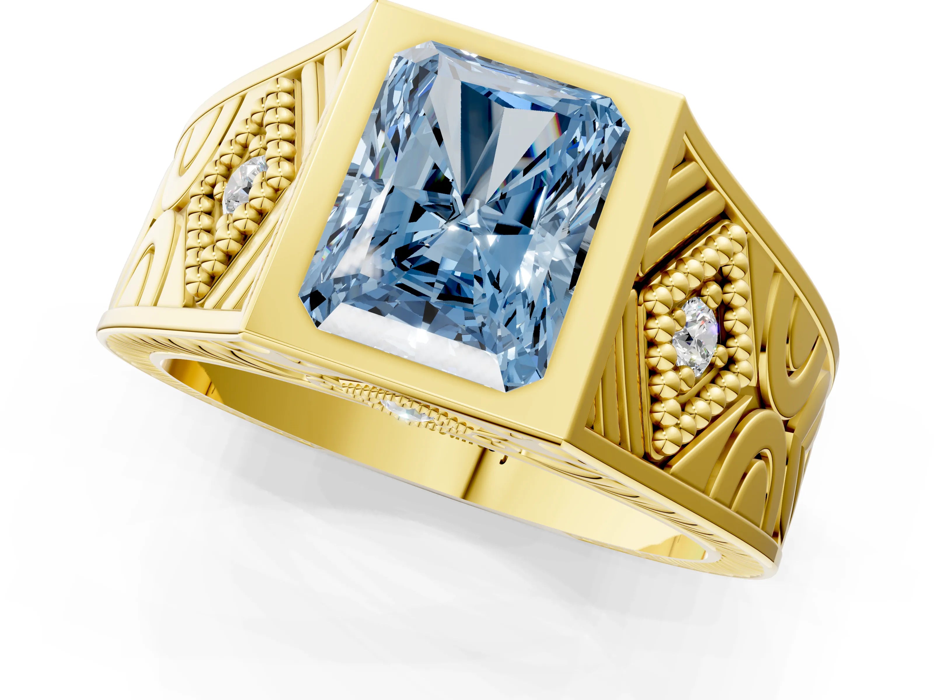 Yellow gold Hexagonal Bezel Fancy Blue Radiant Cut Diamond Engraved Band Prong Ring_13