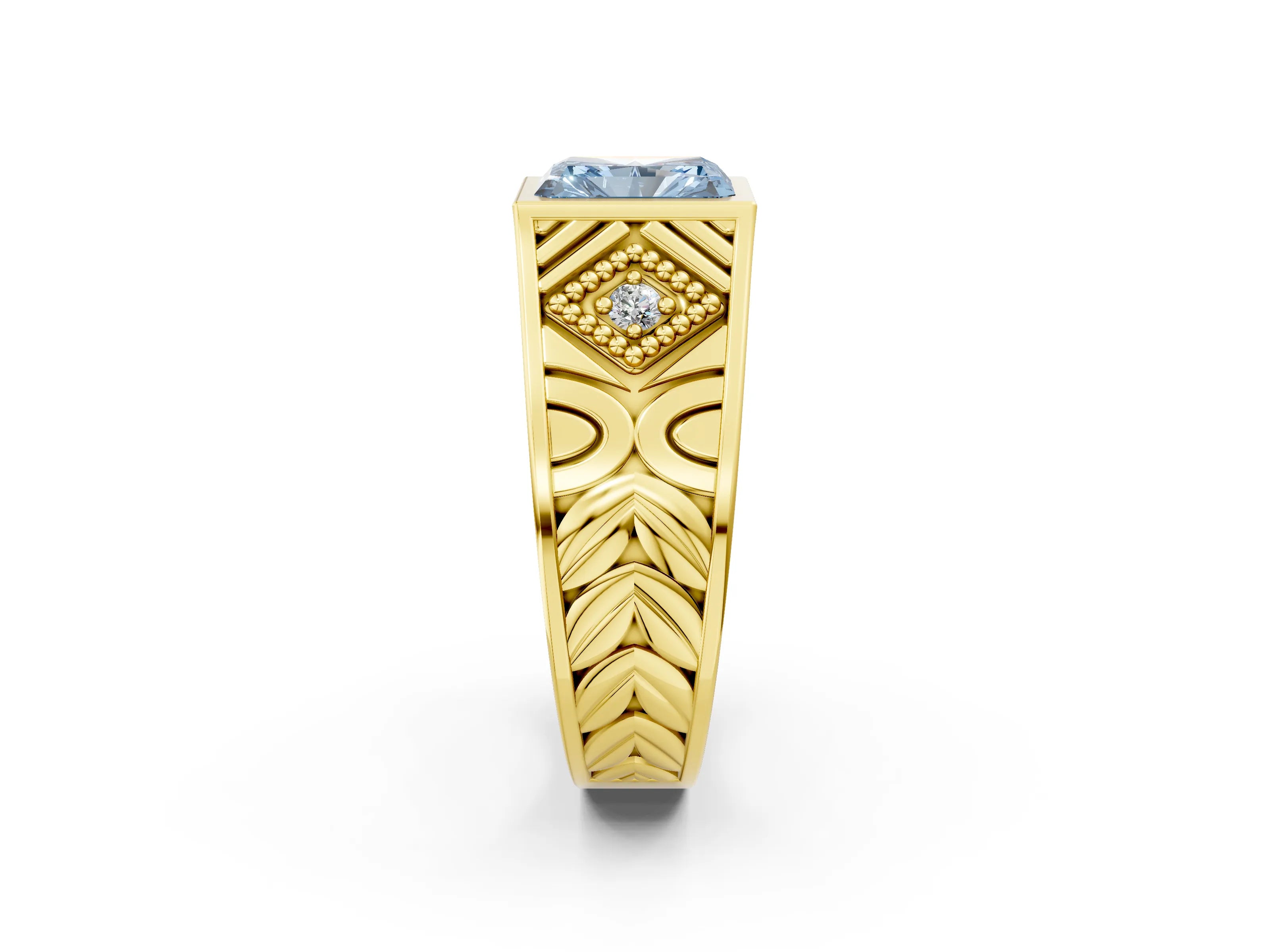 Yellow gold Hexagonal Bezel Fancy Blue Radiant Cut Diamond Engraved Band Prong Ring_14