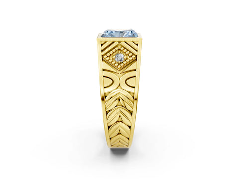 Yellow gold Hexagonal Bezel Fancy Blue Radiant Cut Diamond Engraved Band Prong Ring_14