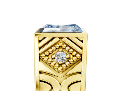 Yellow gold Hexagonal Bezel Fancy Blue Radiant Cut Diamond Engraved Band Prong Ring_17