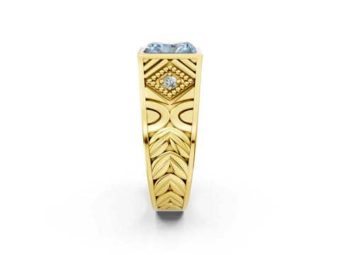 Yellow gold Hexagonal Bezel Fancy Blue Radiant Cut Diamond Engraved Band Prong Ring_2