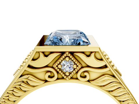 Yellow gold Hexagonal Bezel Fancy Blue Radiant Cut Diamond Engraved Band Prong Ring_4