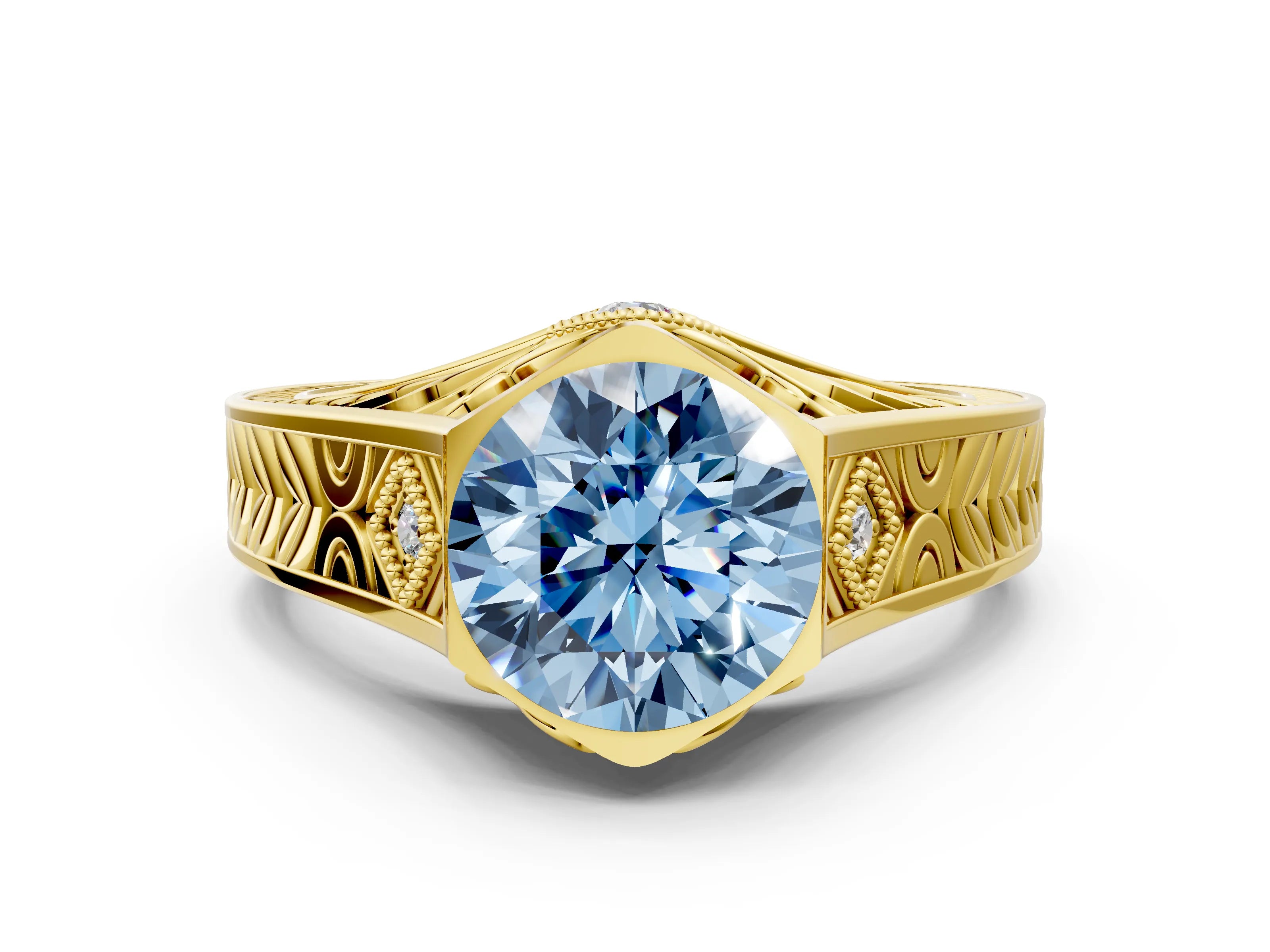 Yellow gold Hexagonal Bezel Fancy Blue Round Cut Diamond Engraved Band Prong Ring