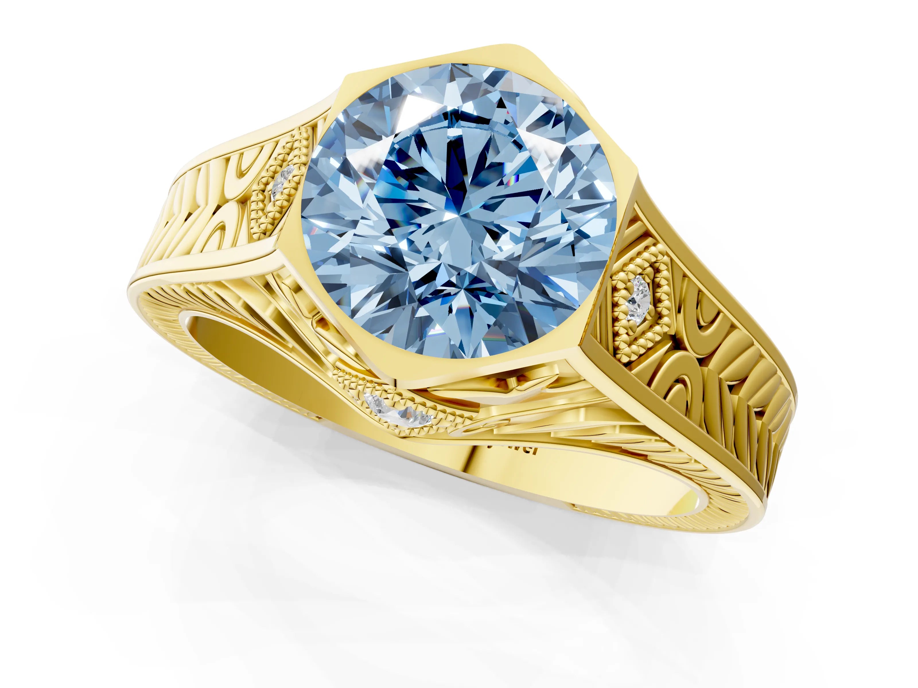 Yellow gold Hexagonal Bezel Fancy Blue Round Cut Diamond Engraved Band Prong Ring_1