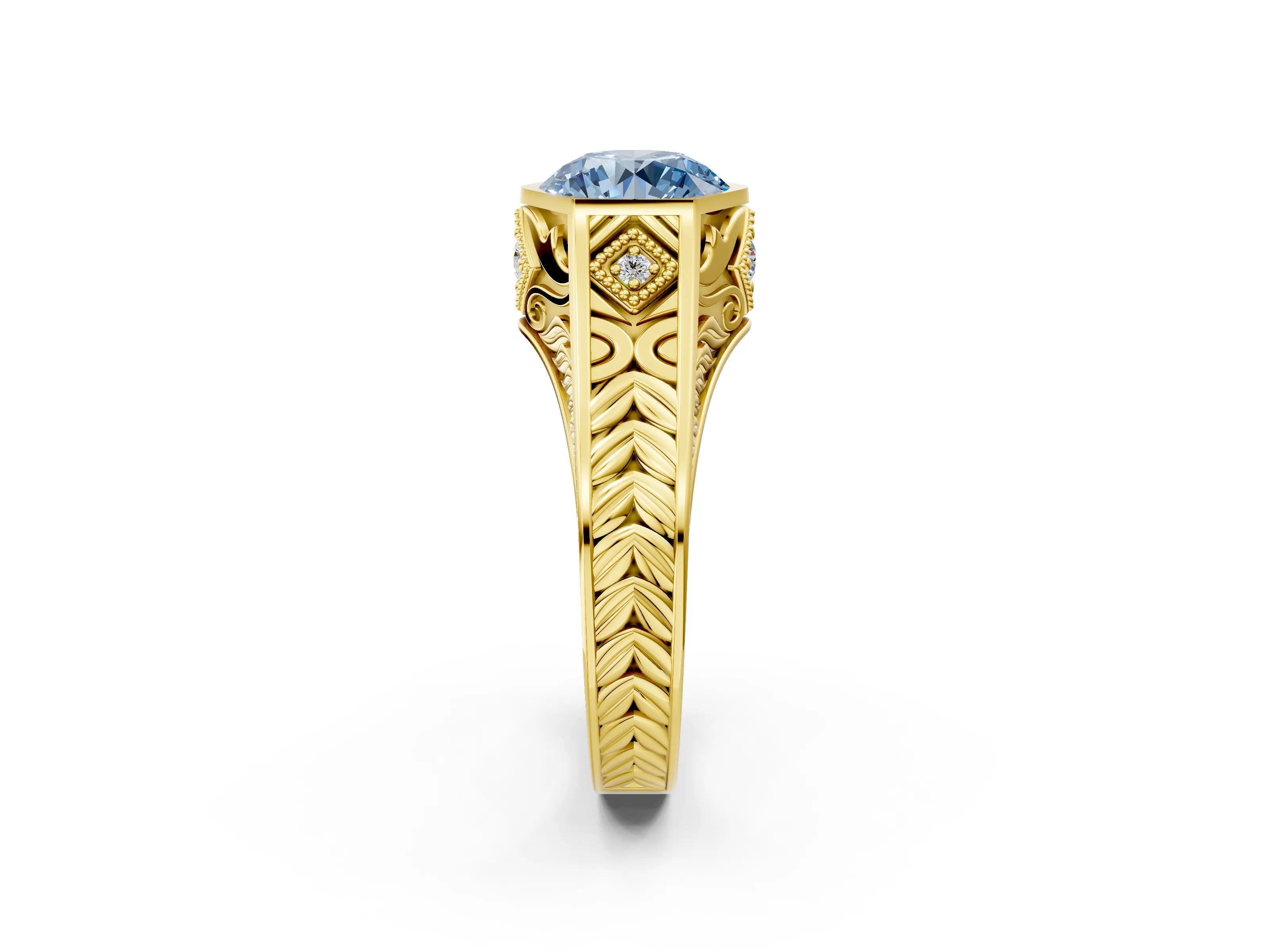 Yellow gold Hexagonal Bezel Fancy Blue Round Cut Diamond Engraved Band Prong Ring_2