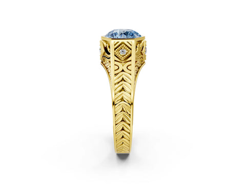 Yellow gold Hexagonal Bezel Fancy Blue Round Cut Diamond Engraved Band Prong Ring_2