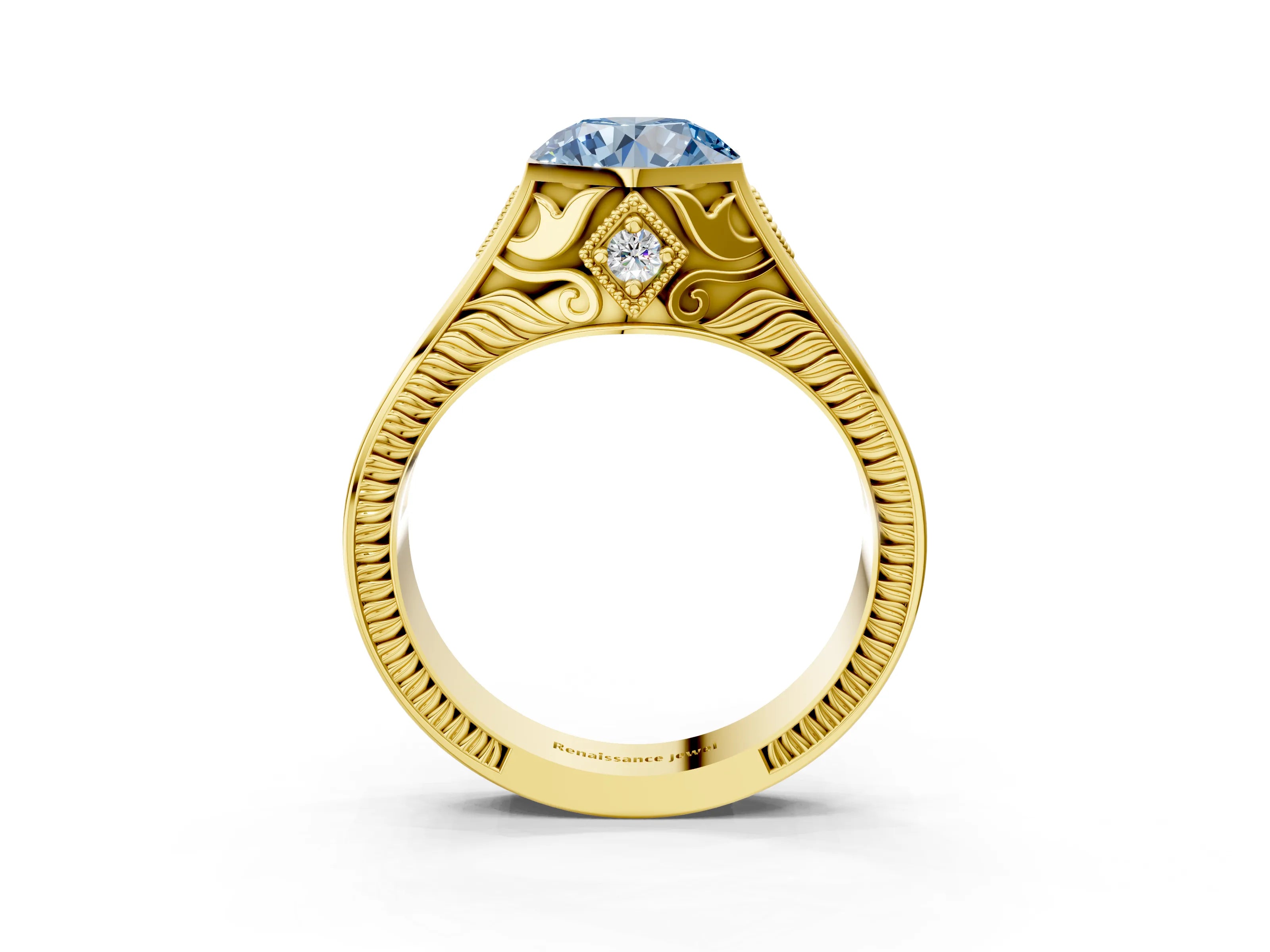 Yellow gold Hexagonal Bezel Fancy Blue Round Cut Diamond Engraved Band Prong Ring_3
