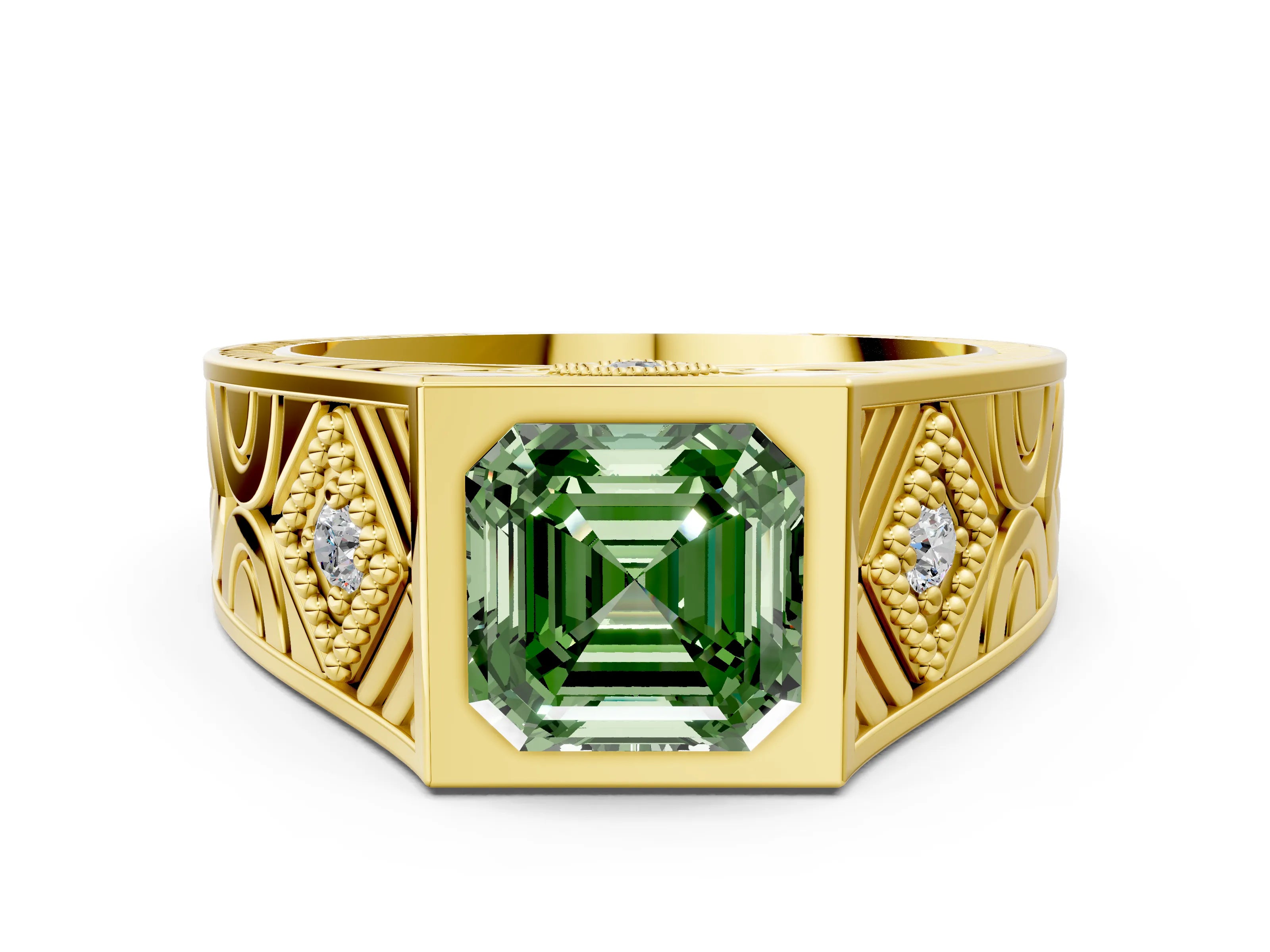 Yellow gold Hexagonal Bezel Fancy Green Asscher Cut Diamond Engraved Band Prong Ring