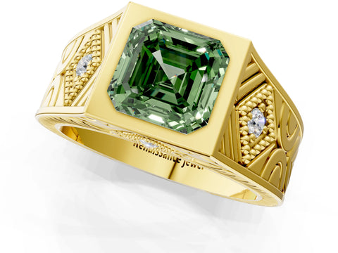 Yellow gold Hexagonal Bezel Fancy Green Asscher Cut Diamond Engraved Band Prong Ring_1
