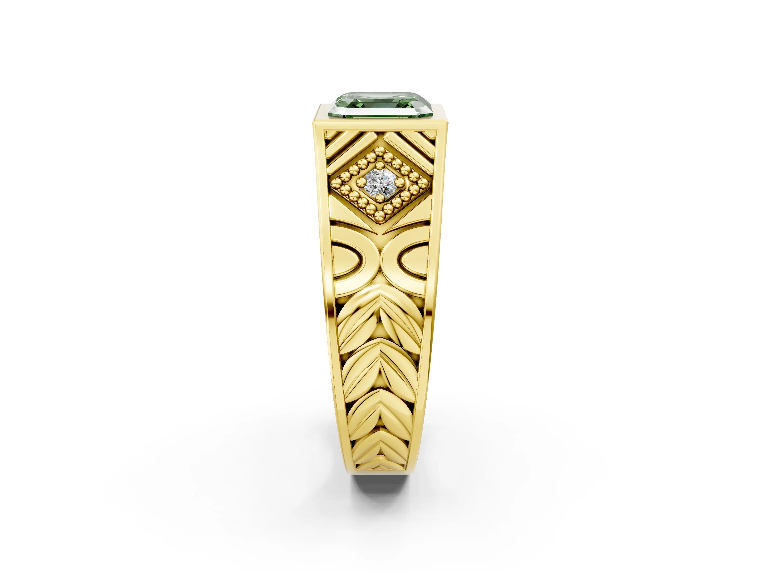 Yellow gold Hexagonal Bezel Fancy Green Asscher Cut Diamond Engraved Band Prong Ring_2