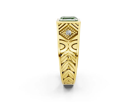 Yellow gold Hexagonal Bezel Fancy Green Asscher Cut Diamond Engraved Band Prong Ring_2