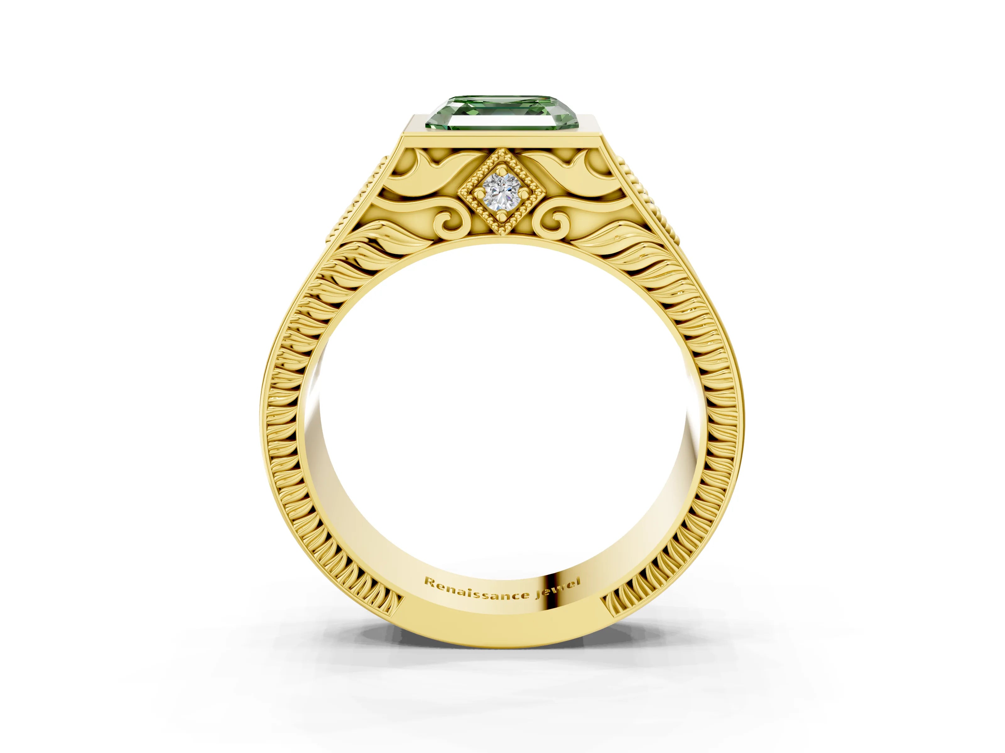 Yellow gold Hexagonal Bezel Fancy Green Asscher Cut Diamond Engraved Band Prong Ring_3