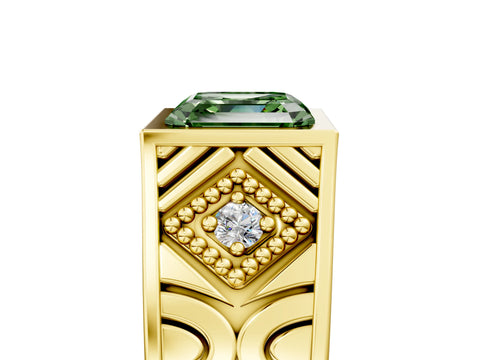 Yellow gold Hexagonal Bezel Fancy Green Asscher Cut Diamond Engraved Band Prong Ring_5