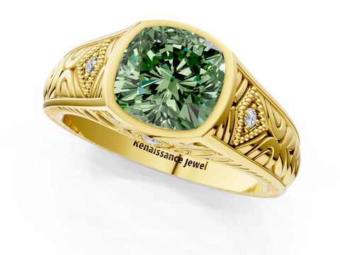 Yellow gold Hexagonal Bezel Fancy Green Cushion Cut Diamond Engraved Band Prong Ring_1