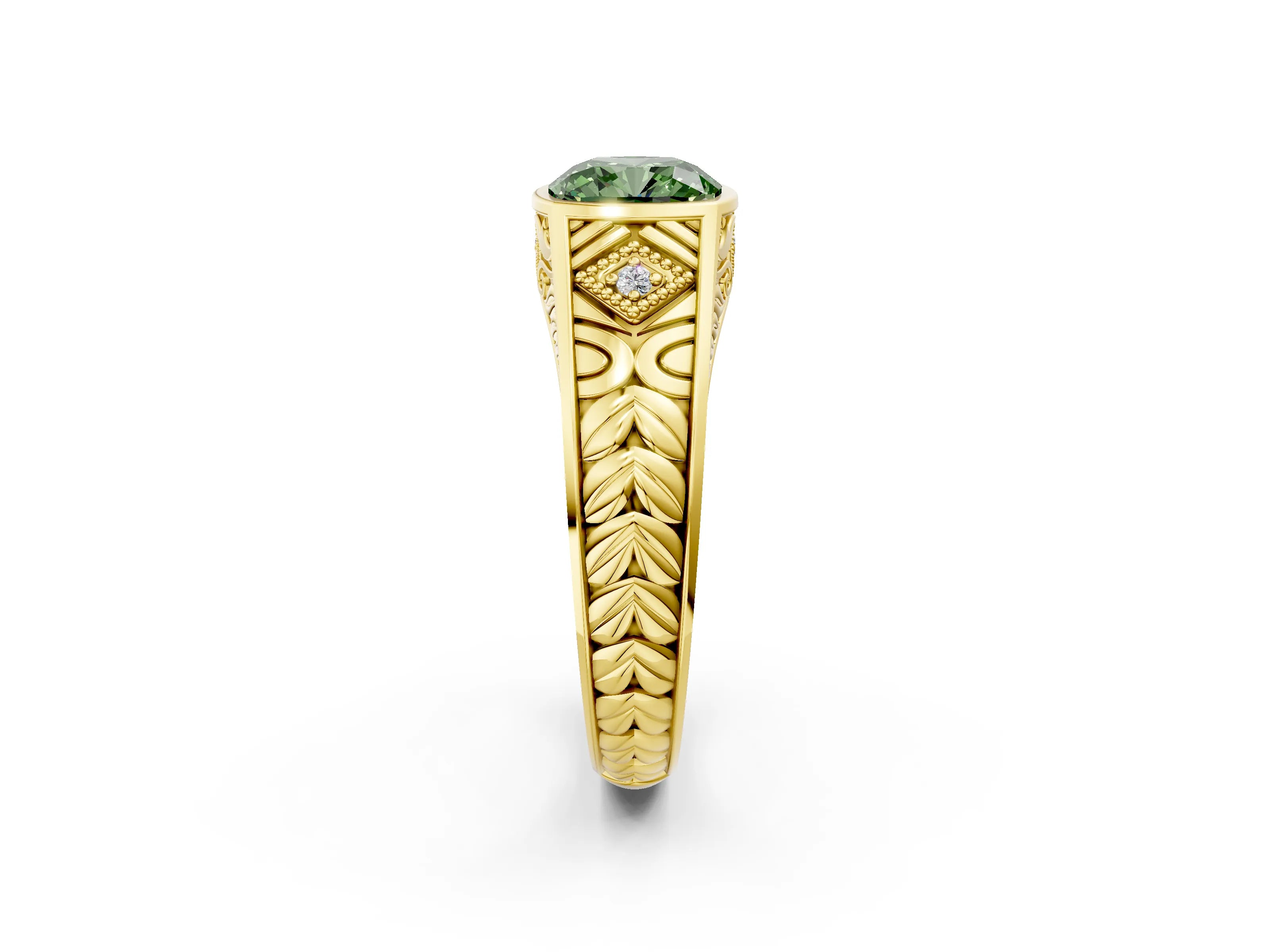 Yellow gold Hexagonal Bezel Fancy Green Cushion Cut Diamond Engraved Band Prong Ring_2