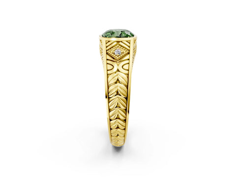 Yellow gold Hexagonal Bezel Fancy Green Cushion Cut Diamond Engraved Band Prong Ring_2