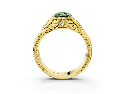 Yellow gold Hexagonal Bezel Fancy Green Cushion Cut Diamond Engraved Band Prong Ring_3