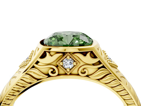 Yellow gold Hexagonal Bezel Fancy Green Cushion Cut Diamond Engraved Band Prong Ring_4