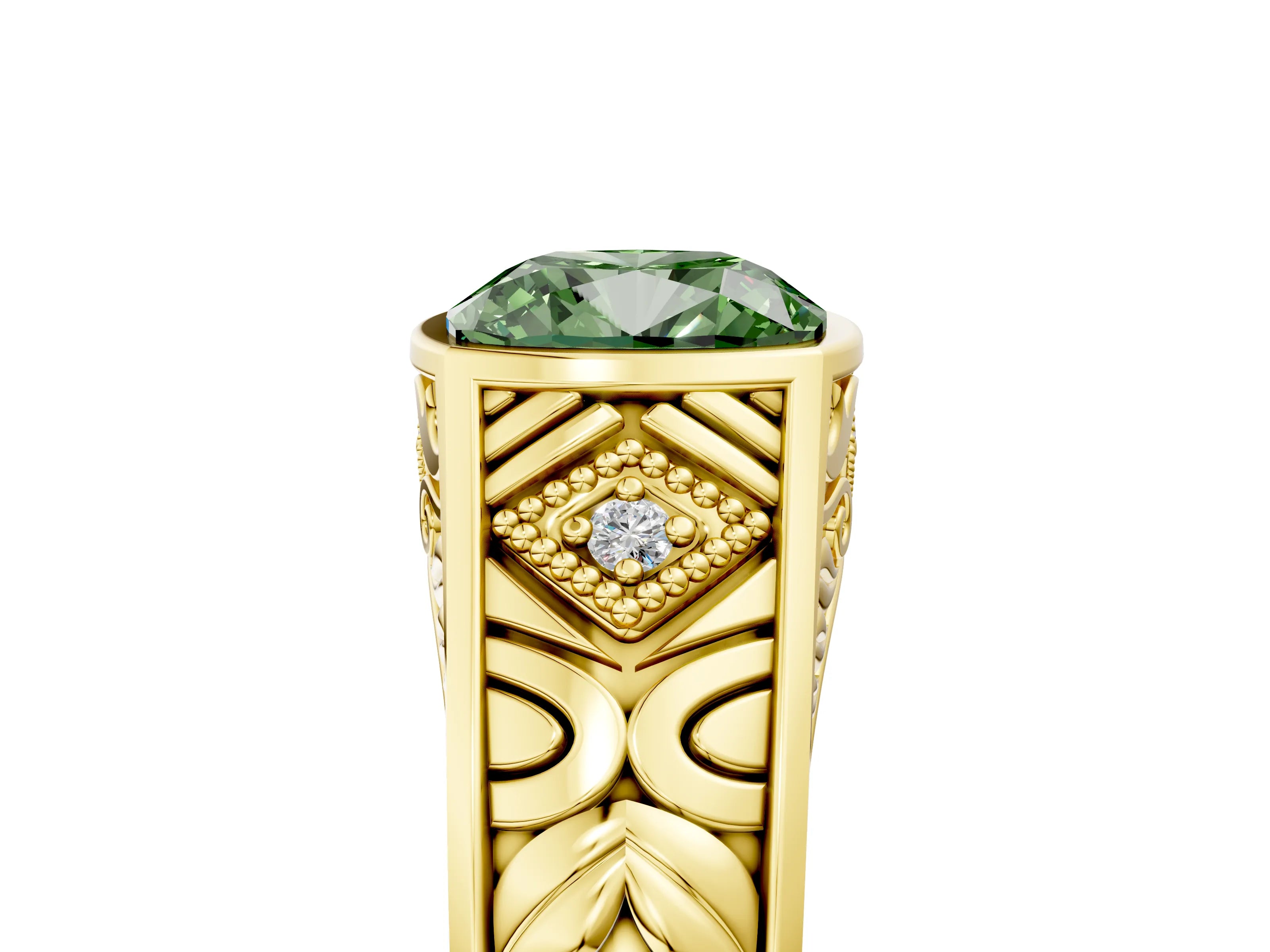 Yellow gold Hexagonal Bezel Fancy Green Cushion Cut Diamond Engraved Band Prong Ring_5