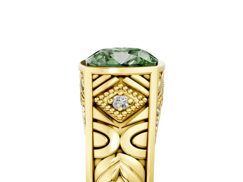 Yellow gold Hexagonal Bezel Fancy Green Cushion Cut Diamond Engraved Band Prong Ring_5