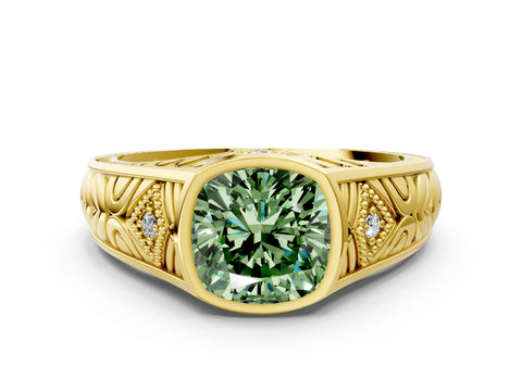 Yellow gold Hexagonal Bezel Fancy Green Cushion Cut Diamond Engraved Band Prong Ring