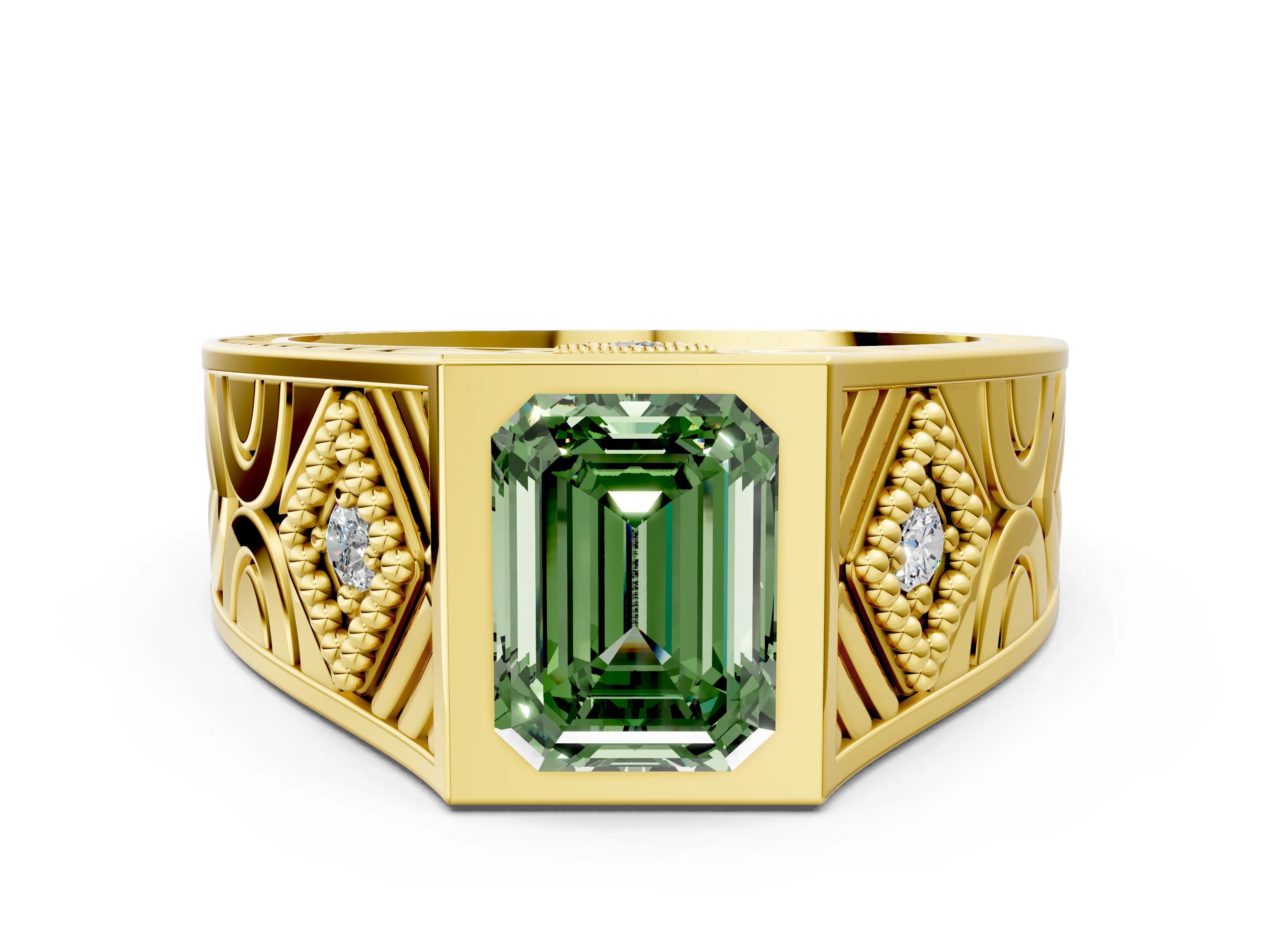 Yellow gold Hexagonal Bezel Fancy Green Emerald Cut Diamond Engraved Band Prong Ring