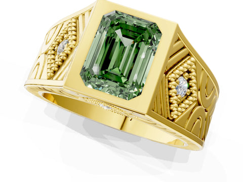 Yellow gold Hexagonal Bezel Fancy Green Emerald Cut Diamond Engraved Band Prong Ring_1