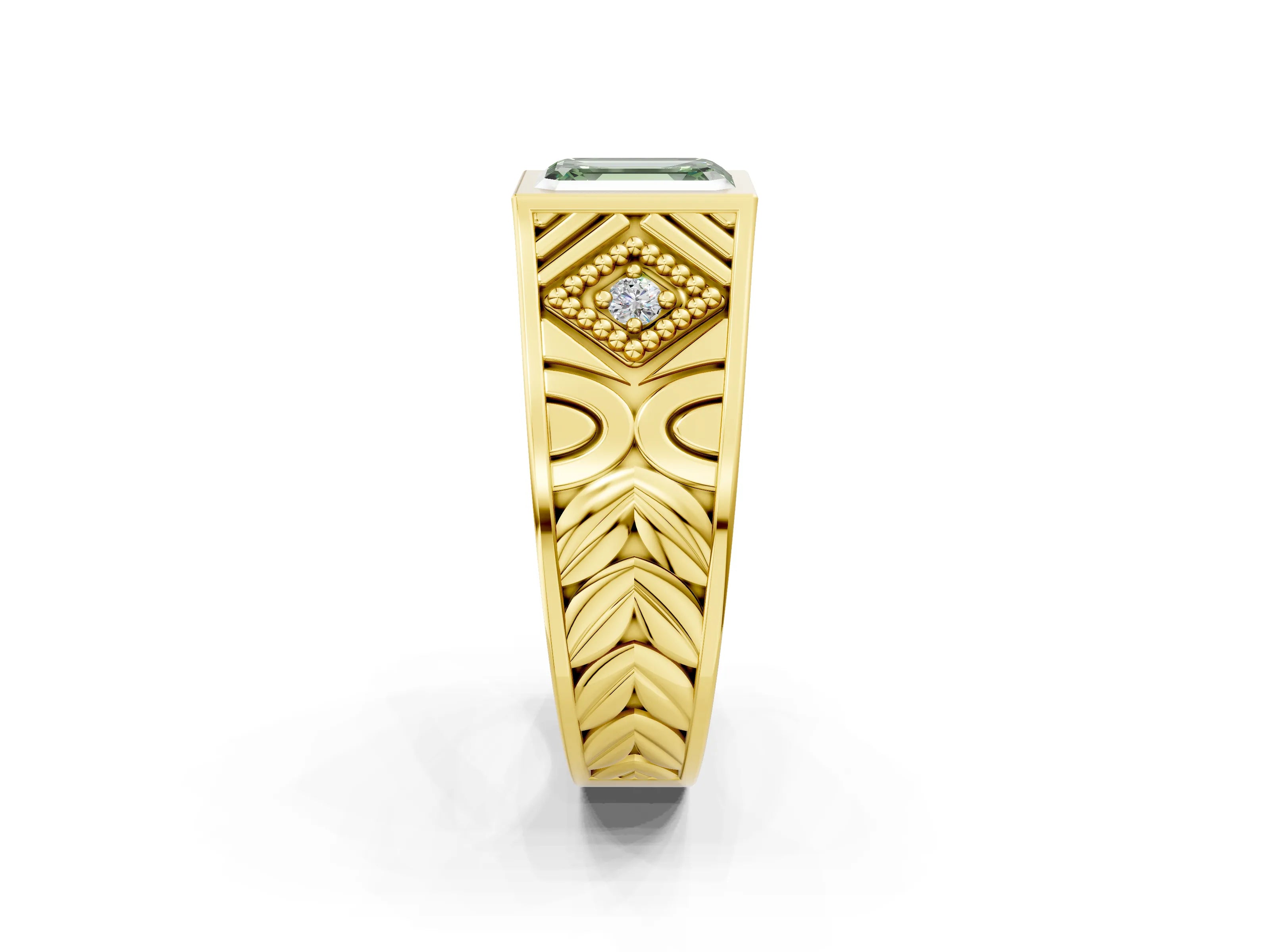 Yellow gold Hexagonal Bezel Fancy Green Emerald Cut Diamond Engraved Band Prong Ring_2