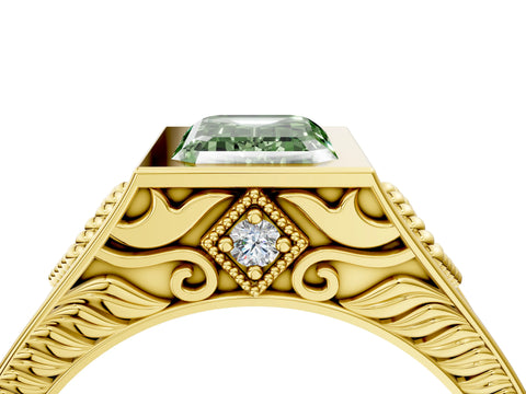 Yellow gold Hexagonal Bezel Fancy Green Emerald Cut Diamond Engraved Band Prong Ring_4