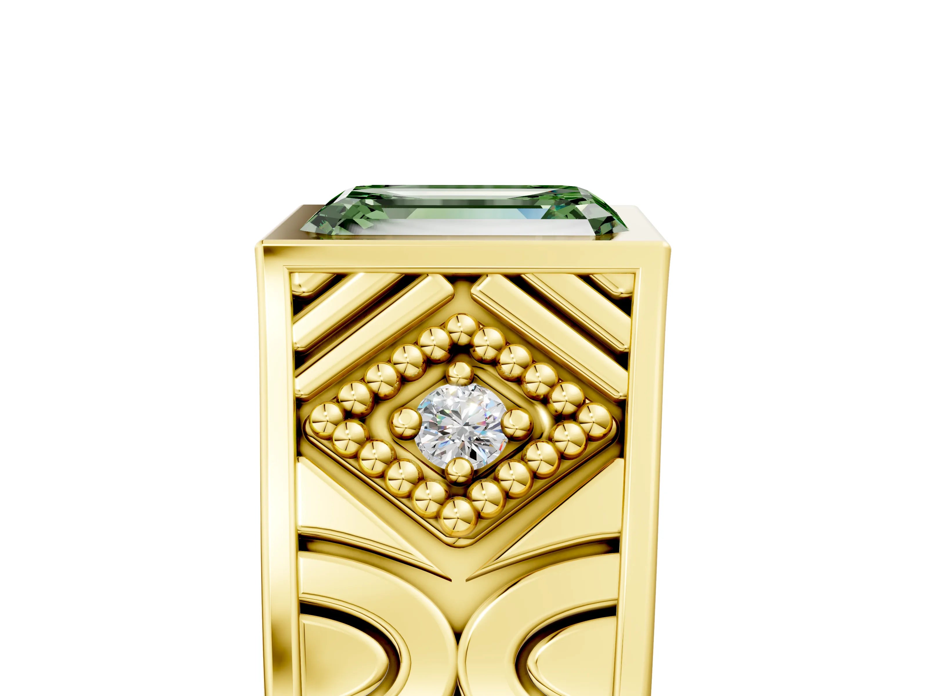 Yellow gold Hexagonal Bezel Fancy Green Emerald Cut Diamond Engraved Band Prong Ring_5