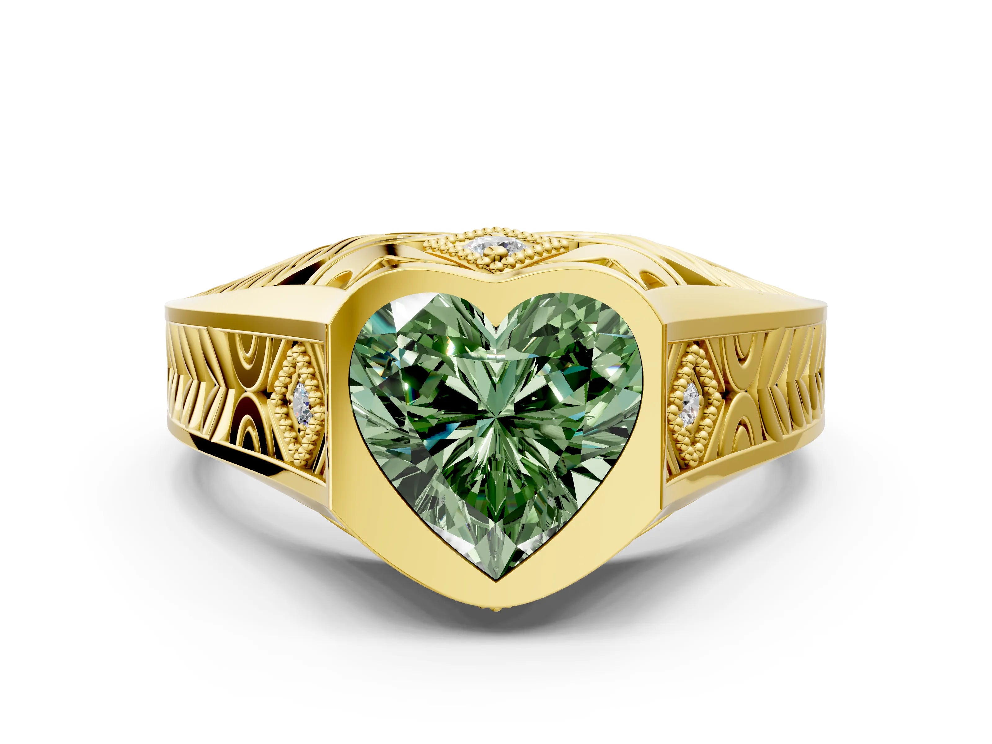 Yellow gold Hexagonal Bezel Fancy Green Heart Cut Diamond Engraved Band Prong Ring