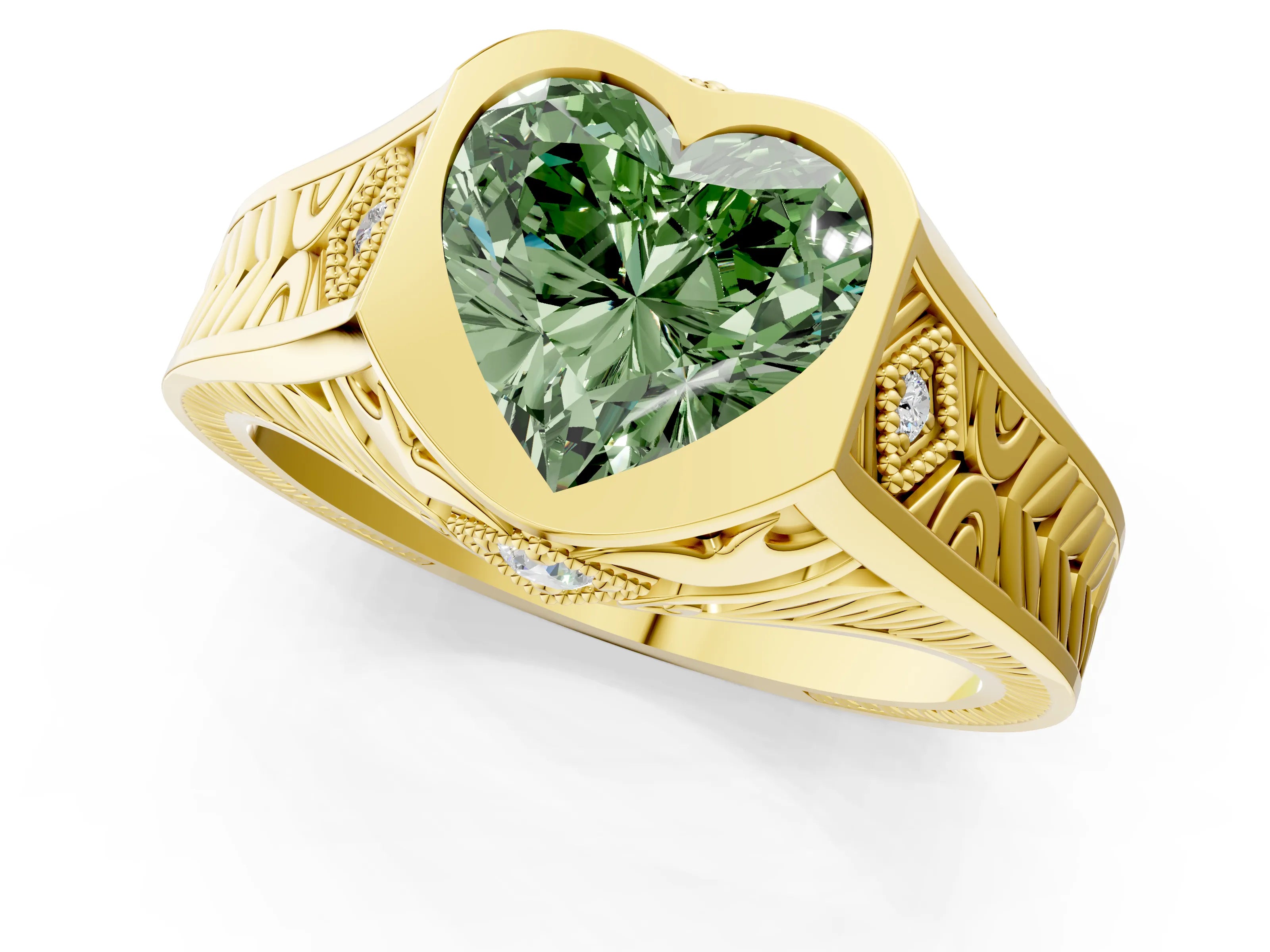 Yellow gold Hexagonal Bezel Fancy Green Heart Cut Diamond Engraved Band Prong Ring_1