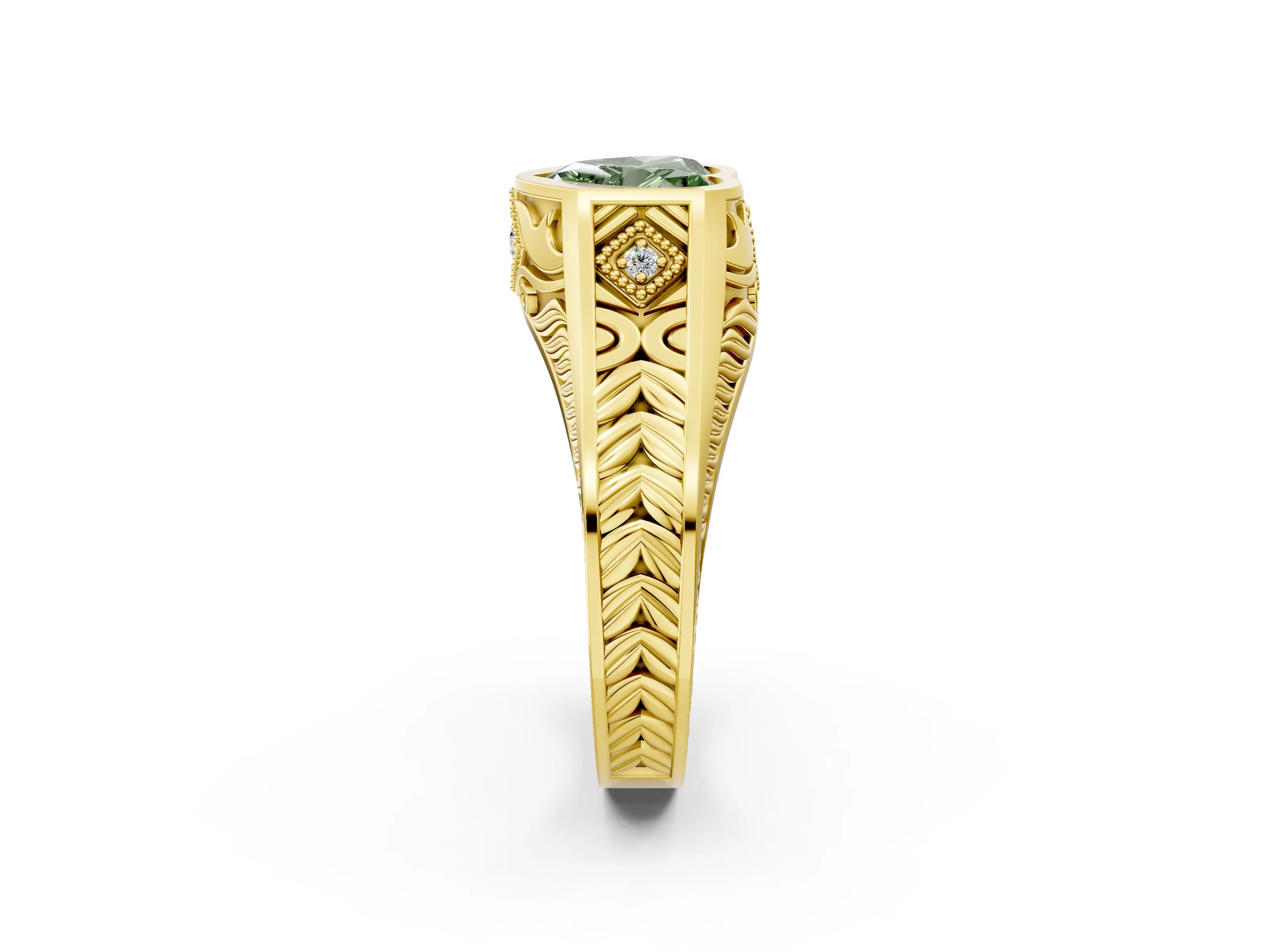 Yellow gold Hexagonal Bezel Fancy Green Heart Cut Diamond Engraved Band Prong Ring_2