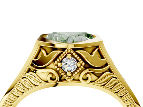 Yellow gold Hexagonal Bezel Fancy Green Heart Cut Diamond Engraved Band Prong Ring_4