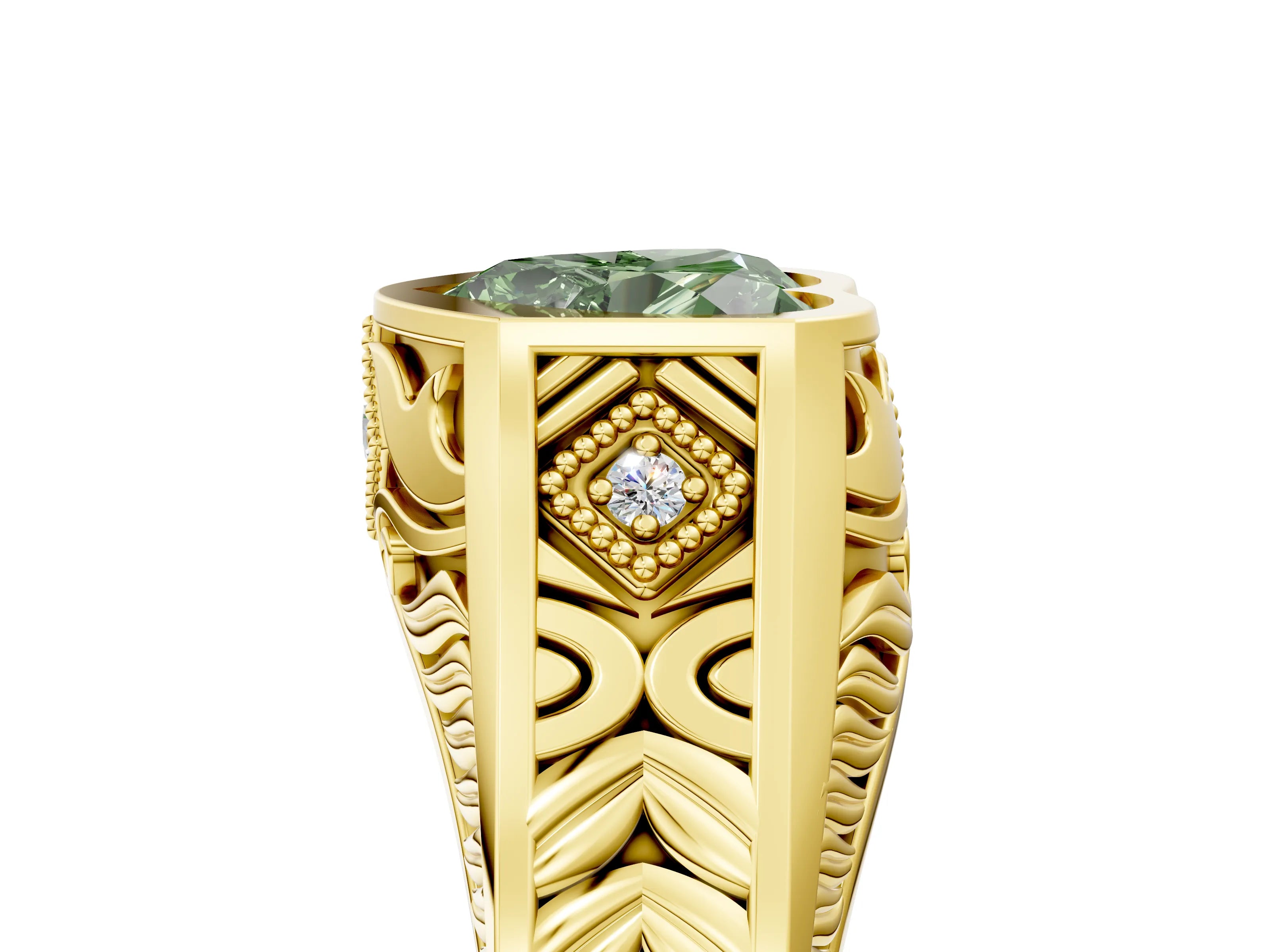 Yellow gold Hexagonal Bezel Fancy Green Heart Cut Diamond Engraved Band Prong Ring_5