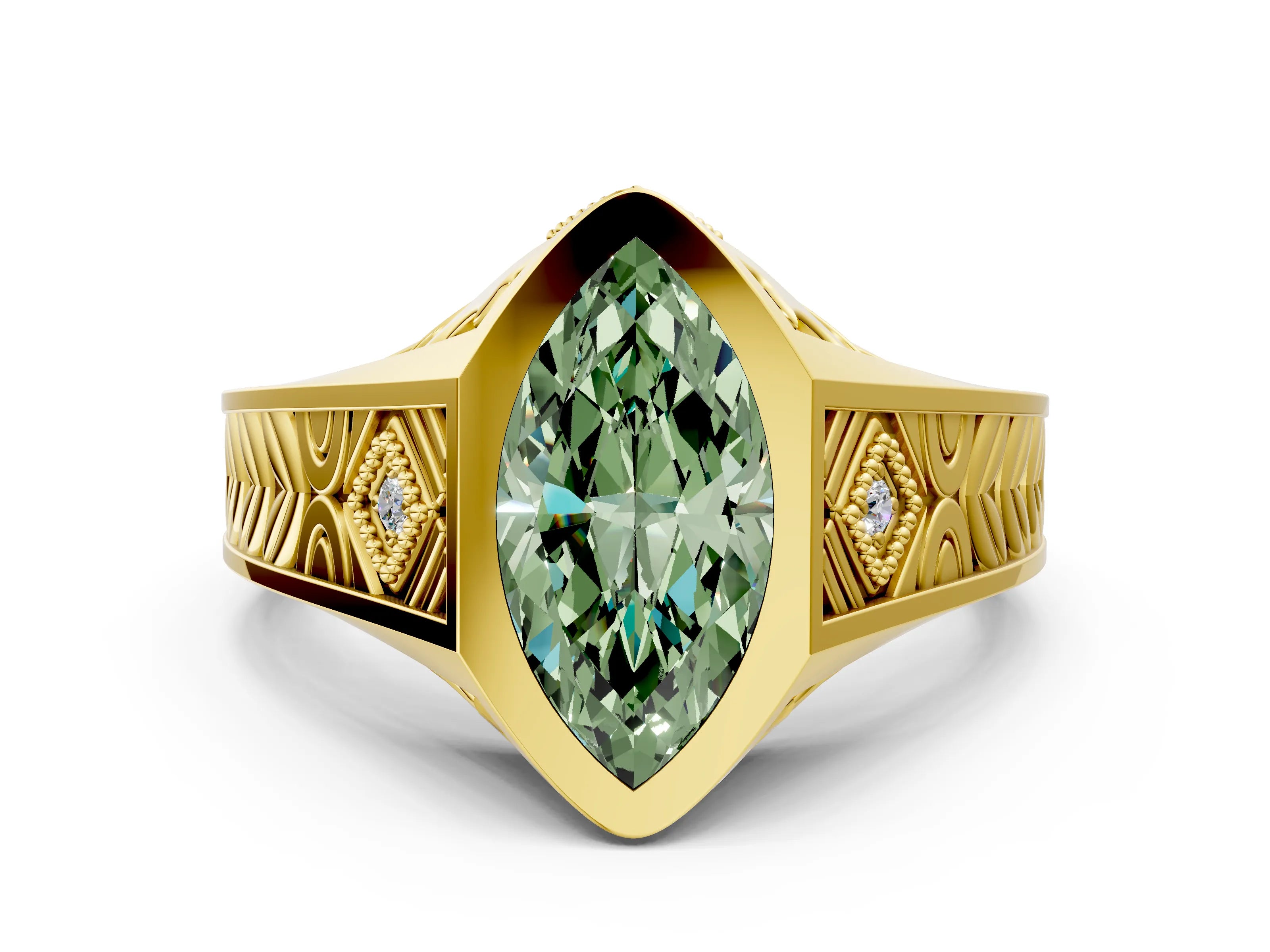 Yellow gold Hexagonal Bezel Fancy Green Marquise Cut Diamond Engraved Band Prong Ring_24